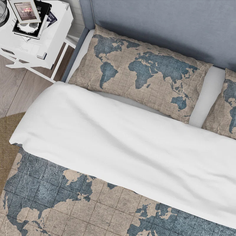 Ancient Map of The World I - Rustic Duvet Cover Set - Microfiber Polyester