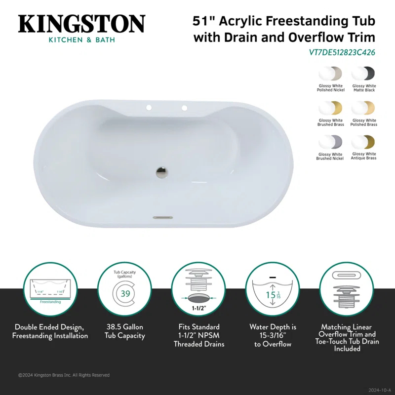 Kingston Brass VT7DE512823C422 Kingston Brass Aqua Eden 51-Inch Acrylic Oval Double Ended Freestanding Tub With Drain