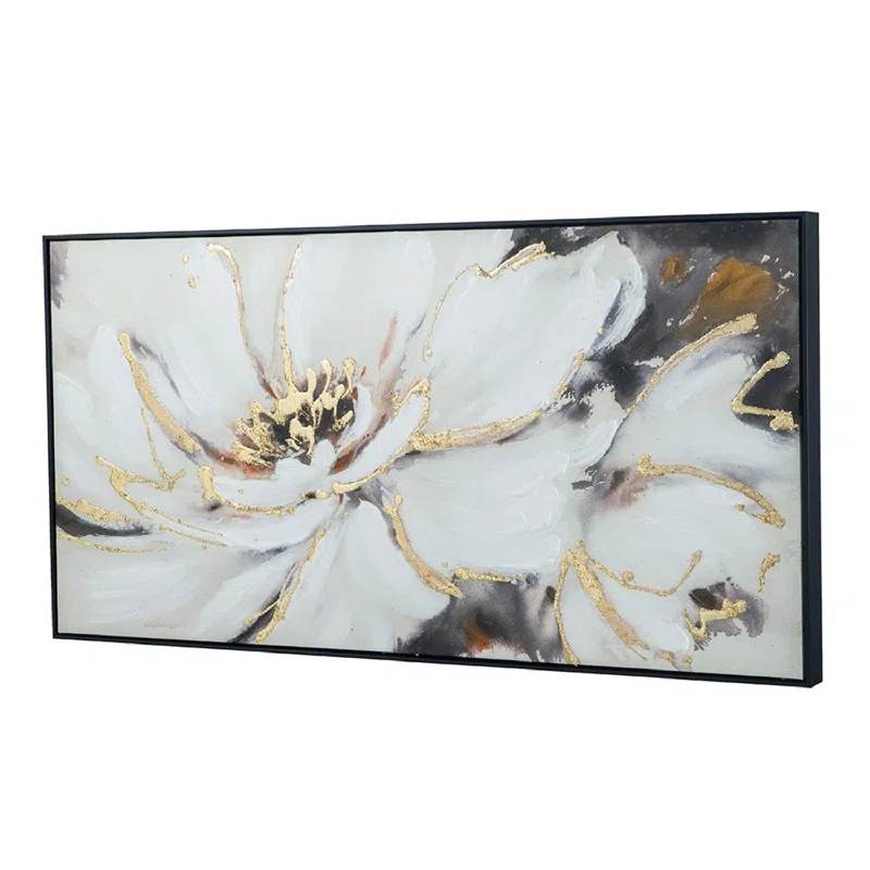 A&B Home Blooming Floral Framed Hand-Painted Wall Art - 24.5"W X 48"H X 2“L - Black Frame - Cream/Gray