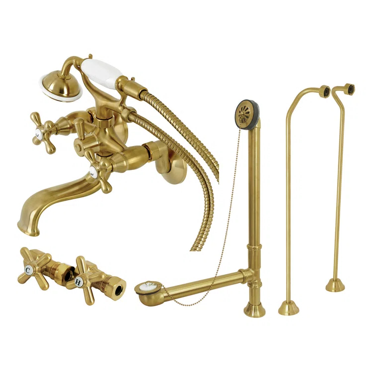 Kingston Brass Kingston Brass Vintage Three-Handle 2-Hole Tub Wall Mount Clawfoot Tub Faucet Package with Supply Line, Hand Shower and Tub Drain CCK225PBD