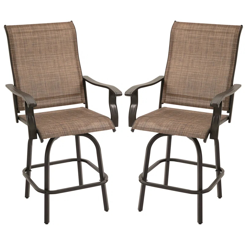 Canora Grey Outsunny Set of 2 Outdoor Swivel Bar Stools with Armrests, Bar Height Patio Chairs with Steel Frame , Brown