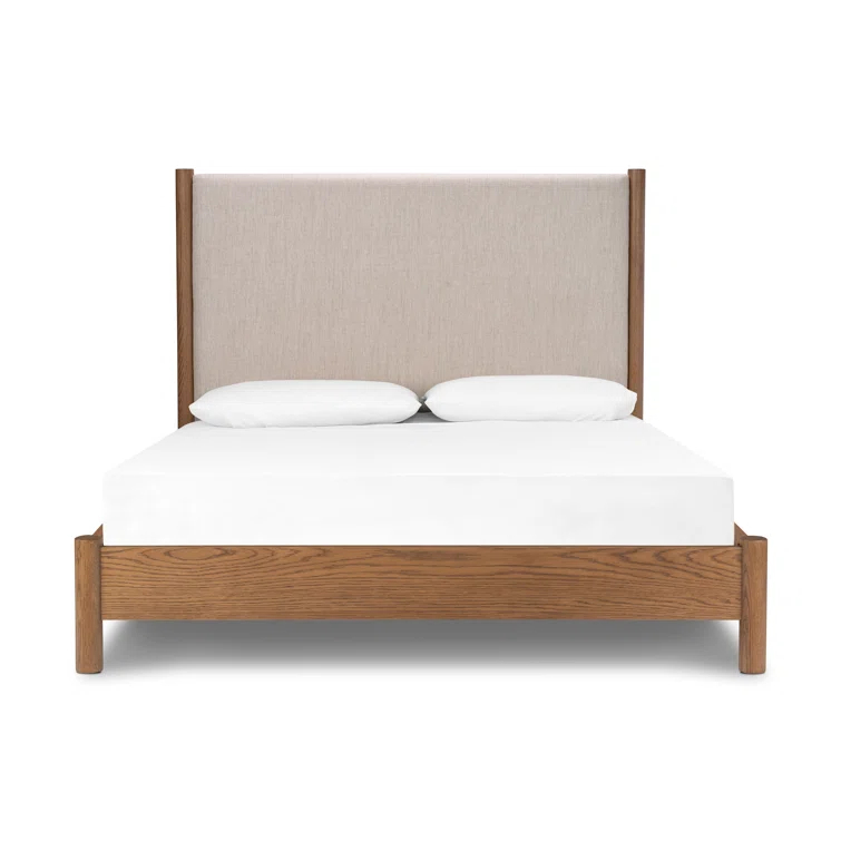 Queen Oak Upholstered Headboard Bed with Slats