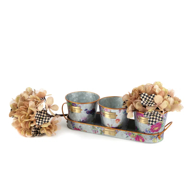 MacKenzie-Childs Flower Market Galvanized Herb Pots With Tray, Set Of 3