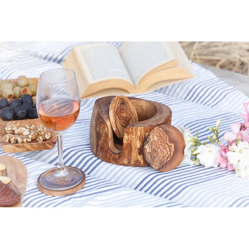 KAMSAH Kitchenware Handcrafted Olive Wood Coaster Set with Holder - Includes 6 Round Coasters and Versatile Holder