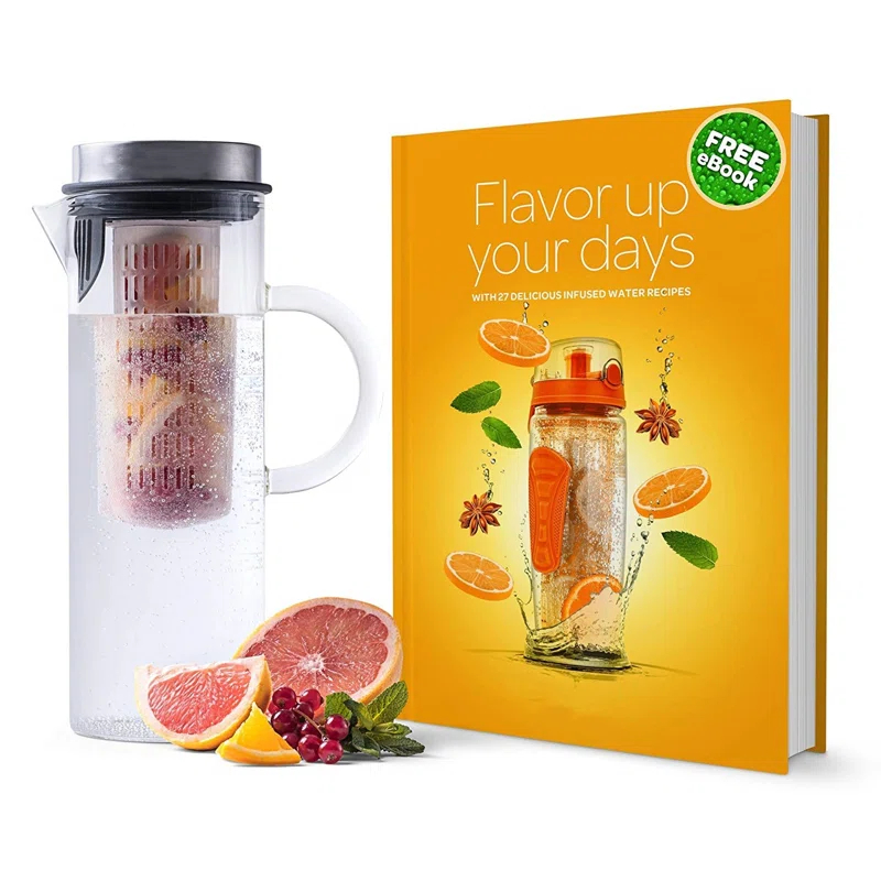 MODERN WALLS LLC B07WS8D4KF Cold Brew Coffee Maker - Large Glass Infusion Pitcher 1.6 Quarts 52Oz - Iced Coffee & Iced Tea Pitcher With Stainless Steel Lid & Fruit Infusion Tube - Perfect For Home Or Office