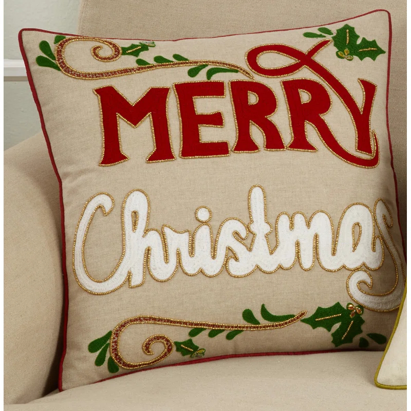 Saro Merry Christmas Design Cotton Throw Pillow