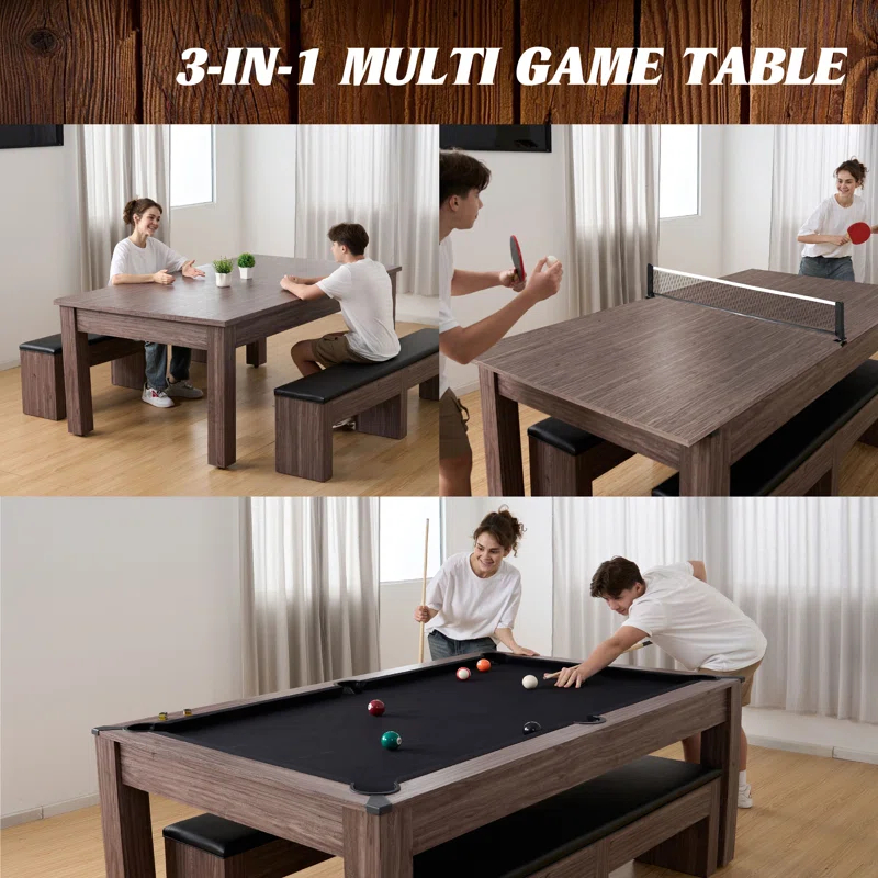 Barrington Billiards Monteray 7’ Pool Table, 3-in-1 with Dining Top & Rolling Storage Caddy
