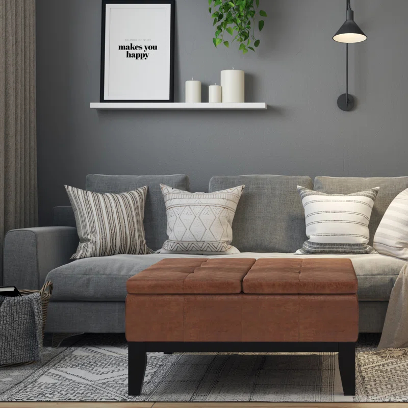 Simpli Home Dover 36"W Upholstered Square Coffee Table Storage Ottoman with Split Tufted Lift Top & Reviews | Wayfair