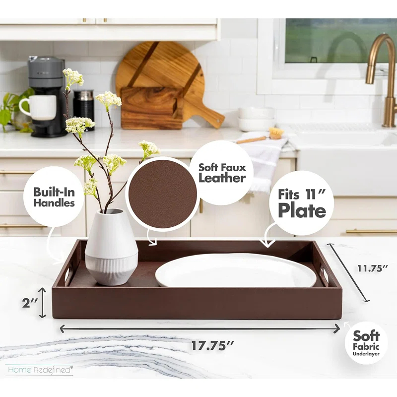 Latitude Run® 18"X12"Glossy Shagreen Faux Leather Decorative Tray Ottoman Coffee Table Perfume Living Room Kitchen Serving Tray With Silver Metal Handles By Home Redefined