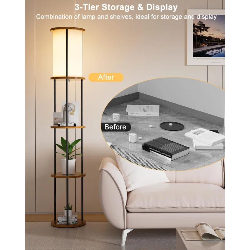 17 Stories Lightdot 61IN 3-Tier Shelf Floor Lamp With E26 Bulb Included, Black Standing Lamp For Living Room, Bedroom, Sofa Corner - Sturdy Wood Design With Fabric Lampshade