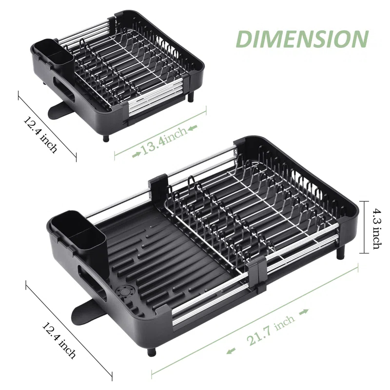 EDGAR'S FURNITURE MANUFACTURING INC Dish Drying Rack For Kitchen Counter, Extendable Dish Rack With Drainboard, Collapsible Dish Strainer With Cutlery Holder, Foldable Home Countertop Plate Storage Rack