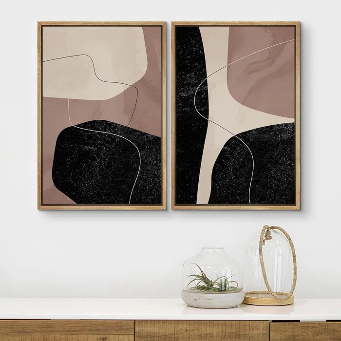 IDEA4WALL Mid Century Shape "Brown And Black Abstract Neutral Line Chic Framed Canvas Print 2 Pieces Wall Art