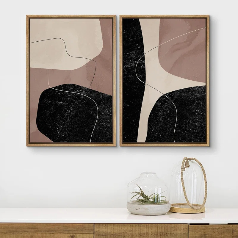 IDEA4WALL Mid Century Shape " Mid-Century Style Brown Black & Tan Polygon Variety Abstract Shapes Modern Chic " 2 - Pieces