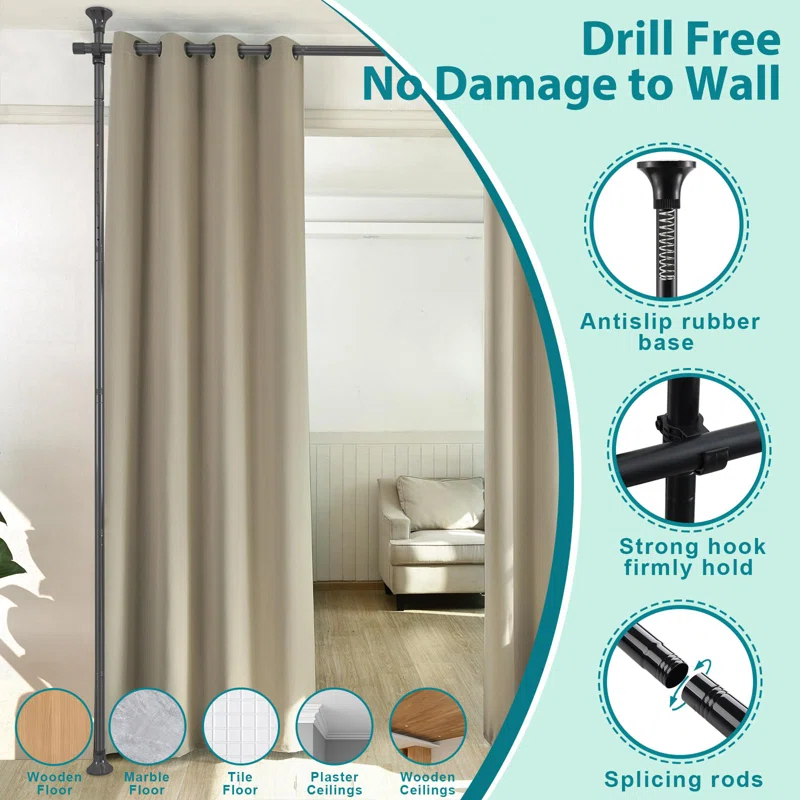 Rebrilliant Room Divider, No Drilling Curtain Rods Hanging Wall Divider For Room Separation, 120” Tall 114” Wide Adjustable Floor To Ceiling Partition Room Dividers, Heavy Duty Corner Room Divider Curtain Rods