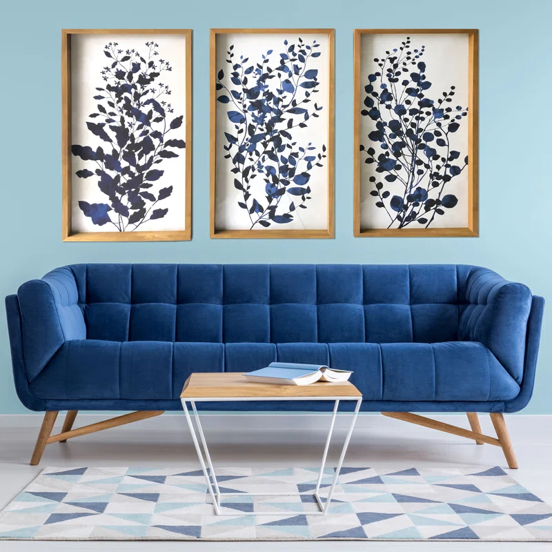 Gracie Oaks "Blue Branches" 3 Piece Large Print on Wood Framed Canvas Wall Art