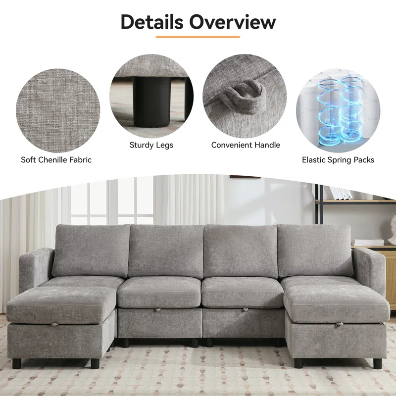 Ebern Designs 107”Modular Sectional Sofa Convertible U Shaped Sofa Couch Set With Storage For Living Room, Modern 6 Seater Modular Sectional Couch With Movable Ottoman, Chenille