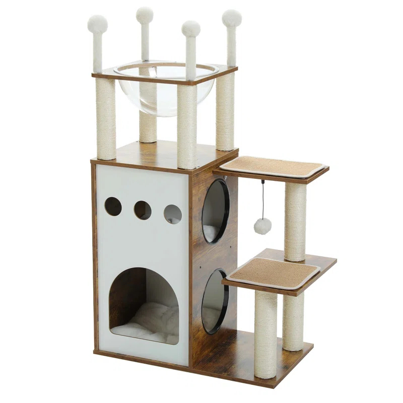 Ivy Bronx Modern Cat Tree Cat Tower With 2-Floor Condo, Scratching Posts, Capsule Nest & Dangling Balls