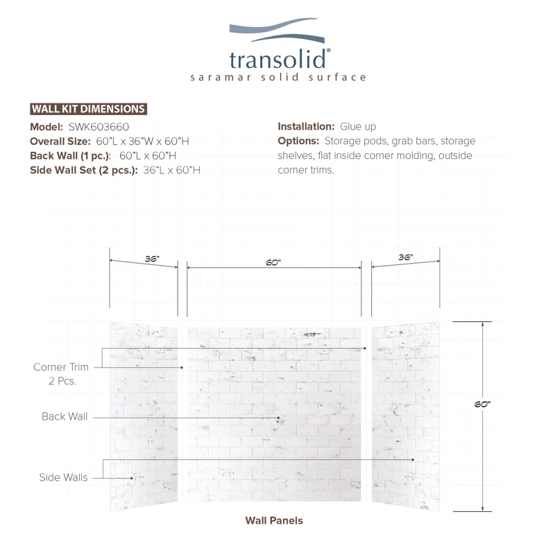 Transolid SaraMar 60'' W 36'' D 60'' H Glue Up Solid Surface Wall