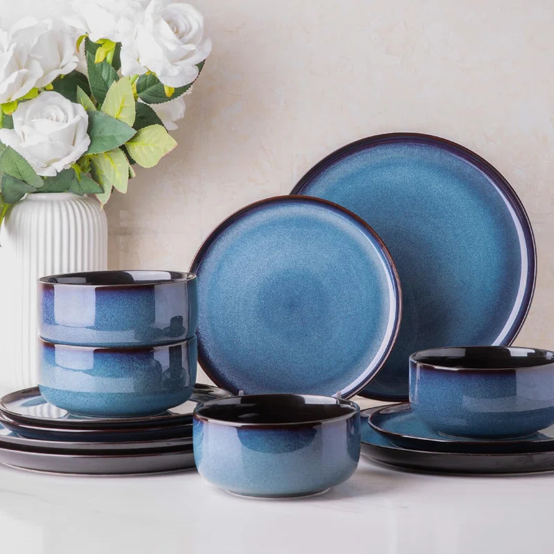 Tableware Set Of 4, Plates And Bowls Set, Handmade Reactive Glaze Cutlery Set, Chip And Scratch Resistant | Oven, Dishwasher And Microwave Safe, Set Of 4 Blue