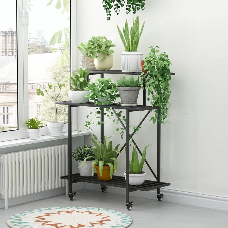 3 Tier Sturdy Plant Stand With Wheels, Heavy Duty Plant Holder For Home Indoor And Outdoor, L35.43 Xw17.32 X H41.73 Inch
