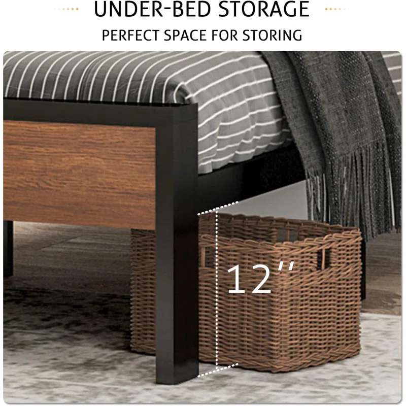 17 Stories 14 Inch Queen Size Metal Platform Bed Frame with Wooden Headboard and Footboard,No Box Spring Needed