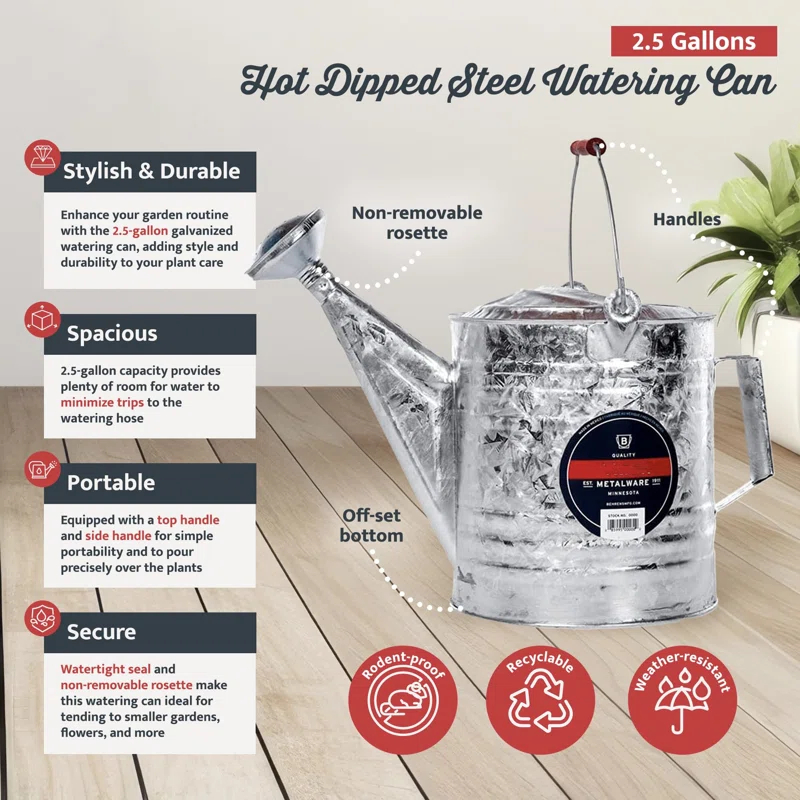 UNIVERSAL WINDOW SOLUTIONS Weatherproof Hot Dipped Galvanized Steel Watering Can With Wooden Handle And Side Handle For Watering Flowers And Gardens