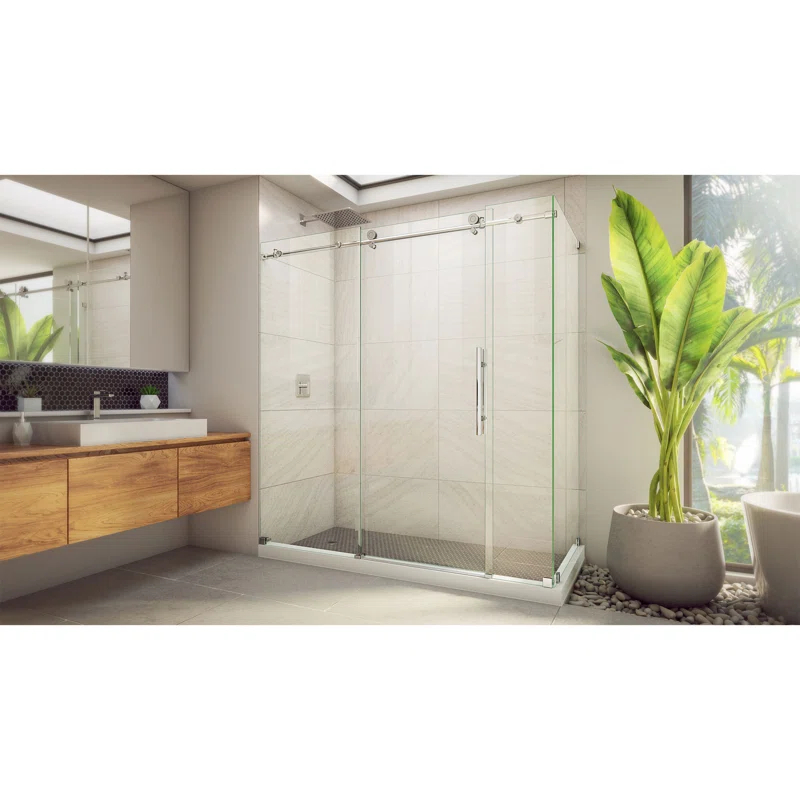 72.38" W x 34.5" D x 76" H Frameless Rectangle Sliding Shower Enclosure