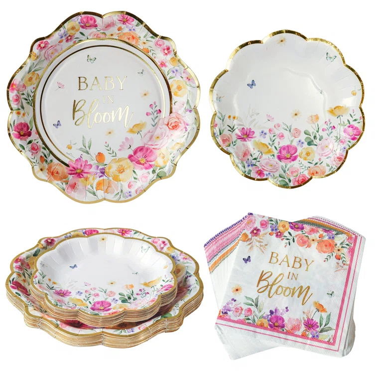 Kate Aspen Kate Aspen Baby in Bloom 62 Piece Party Tableware Set Baby Shower Party Decorations Plates & Napkins, Vibrant Floral Botanical (16 Guests)- Perfect for Greenery Baby Shower (Set of 62)