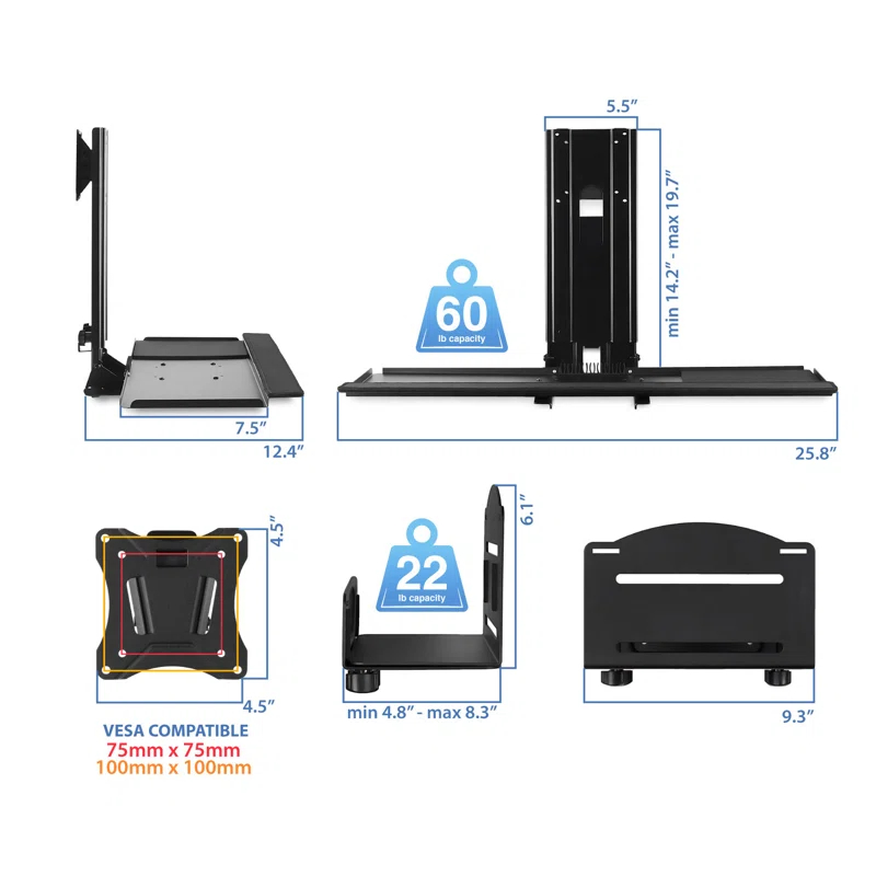 Mount-it Mount-It Height Adjustable Monitor and Keyboard Wall Mount with CPU Holder | 25 Inch Wide Platform