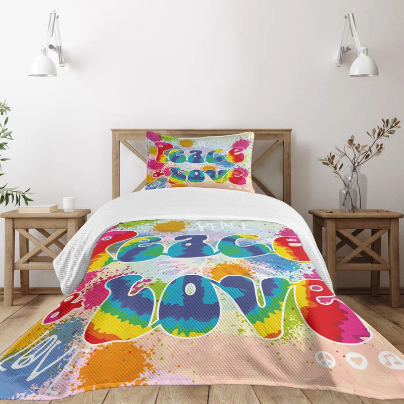 Ambesonne Ambesonne 70s Party Bedspread Set 2 Pcs Peace and Love Funky Twin Multicolor