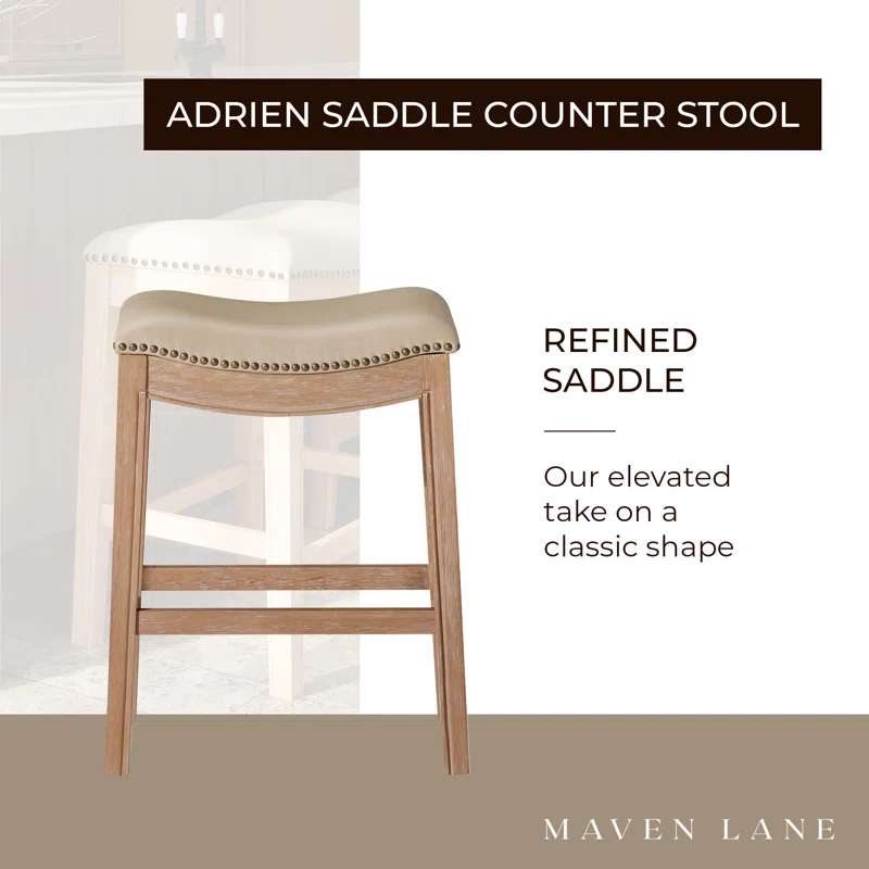 Maven Lane Adrien Saddle Kitchen Counter Stool in Weathered Oak w/ Avanti Bone Vegan Leather