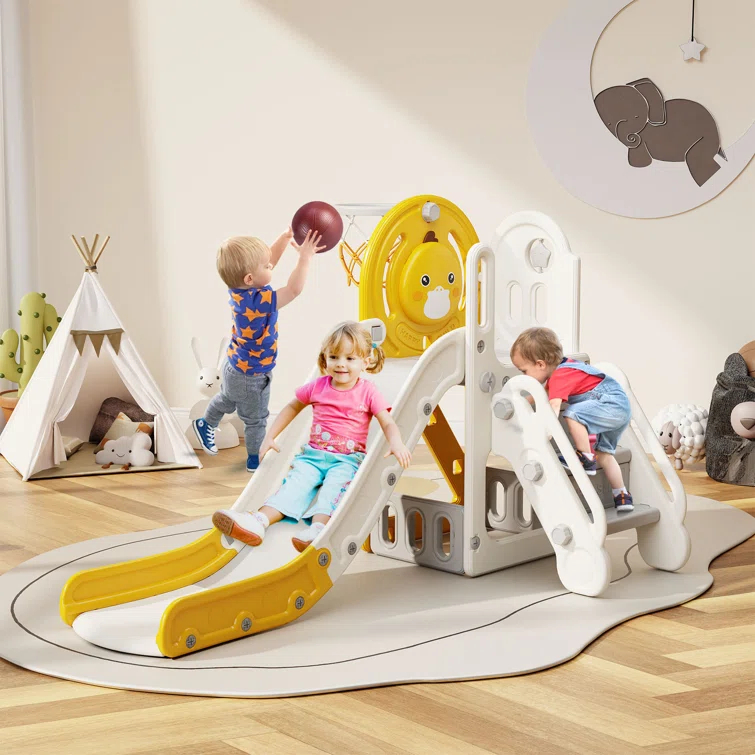 Suteck 5 in 1 Toddler slide, Kids Slide with Climber Outdoor Indoor Slide Cute Duck Theme Playset