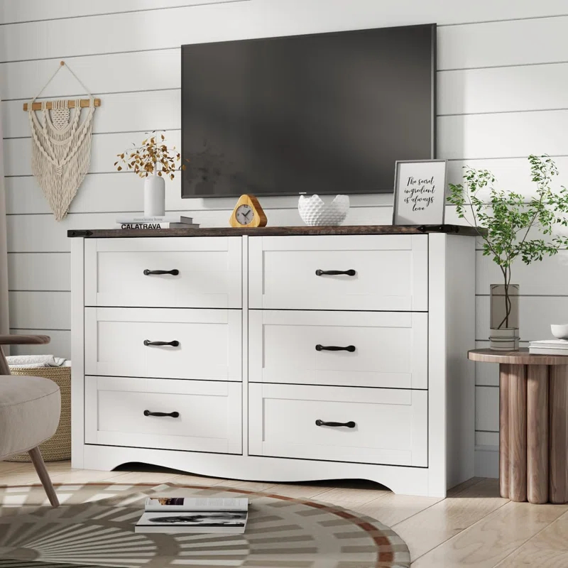 Coulten 6 Drawer 46.4" W Farmhouse 6 Drawers Double Dresser for Bedroom, Modern White Dresser Chest of Drawers, Wide Dressers Organizer, Accent Storage Cabinet for Closet, Living Room, Hallway