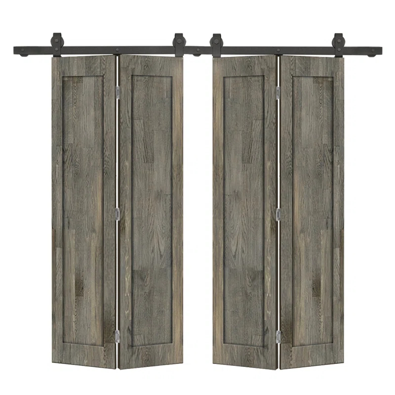 Calhome 1 Panel Shaker Pine Wood Double Bi-Fold Door with Sliding Barn Door Hardware Kit