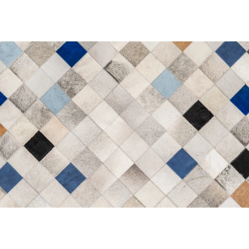 Art Hide Falling Squares Rectangle 5'2" x 6'6" Cowhide Argyle Area Rug in Blue/Gray/White/Brown
