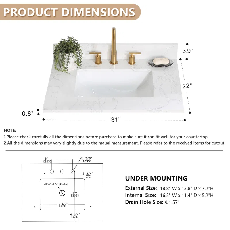 Altair Ceres 31" Engineered Stone Single Bathroom Vanity Top with Sink