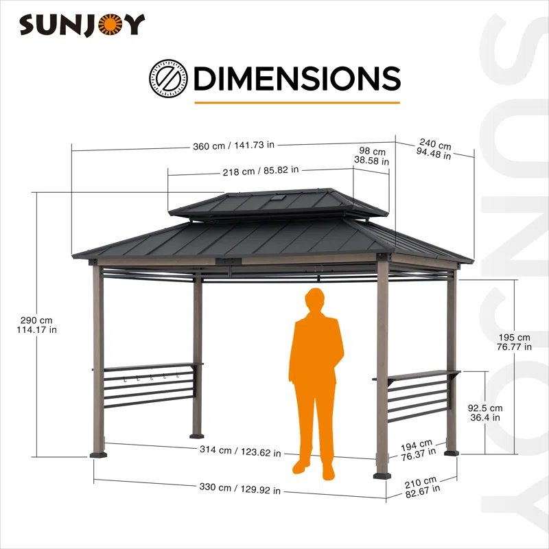 Sunjoy Sunjoy Wooden Grill Gazebo with Solar Power, 8 x 12 ft. Hardtop Gazebo for Year-Round Grilling, Outdoor Cedar Frame Cooking Shelter with Decorative Fence for Backyard BBQs Party