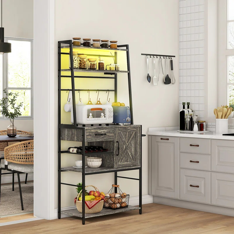 Baker's Rack With Power Outlet And LED Lights, Coffee Bar With Storage Shelves, Industrial Microwave Stand With Wine Bottle Rack