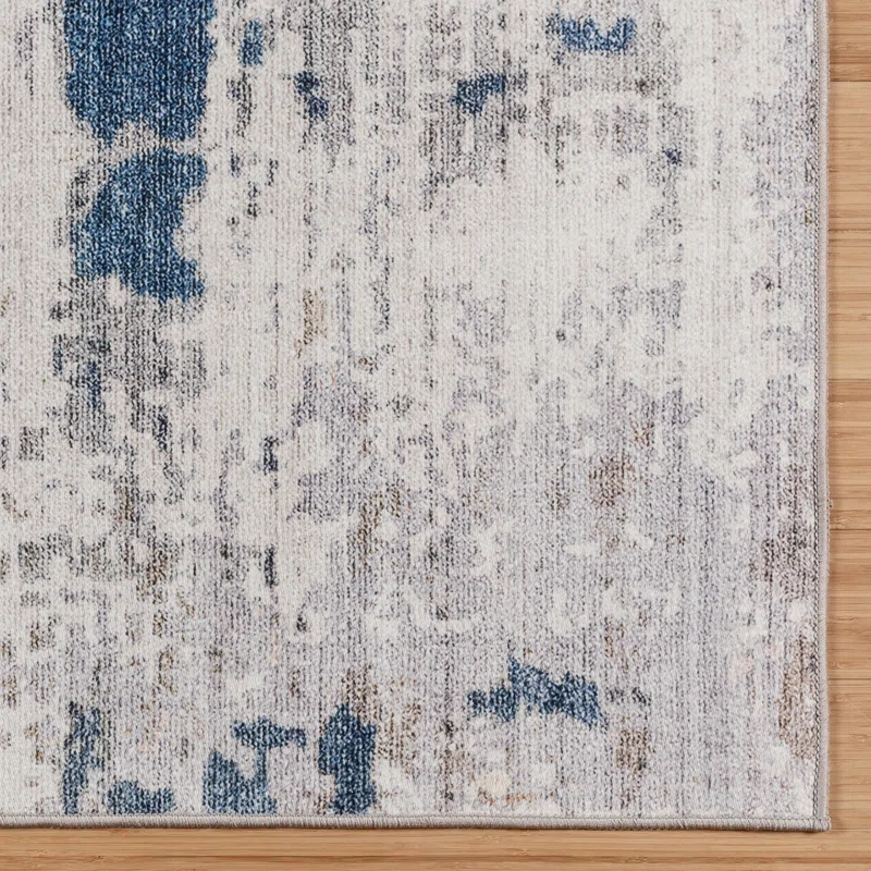 Gertmenian Gertmenian Crystal Print Cenis Blue Ivory Cream Washable Flat Pile Modern Abstract Indoor Area Rug