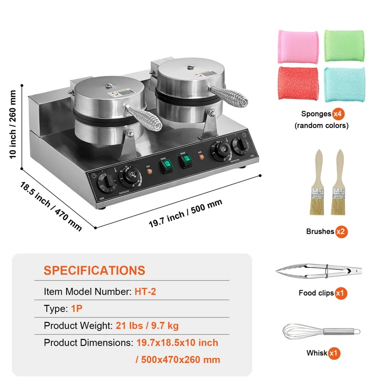 VEVOR Commercial Waffle Maker Dual-Head Round Waffle Iron 2460W Non-Stick