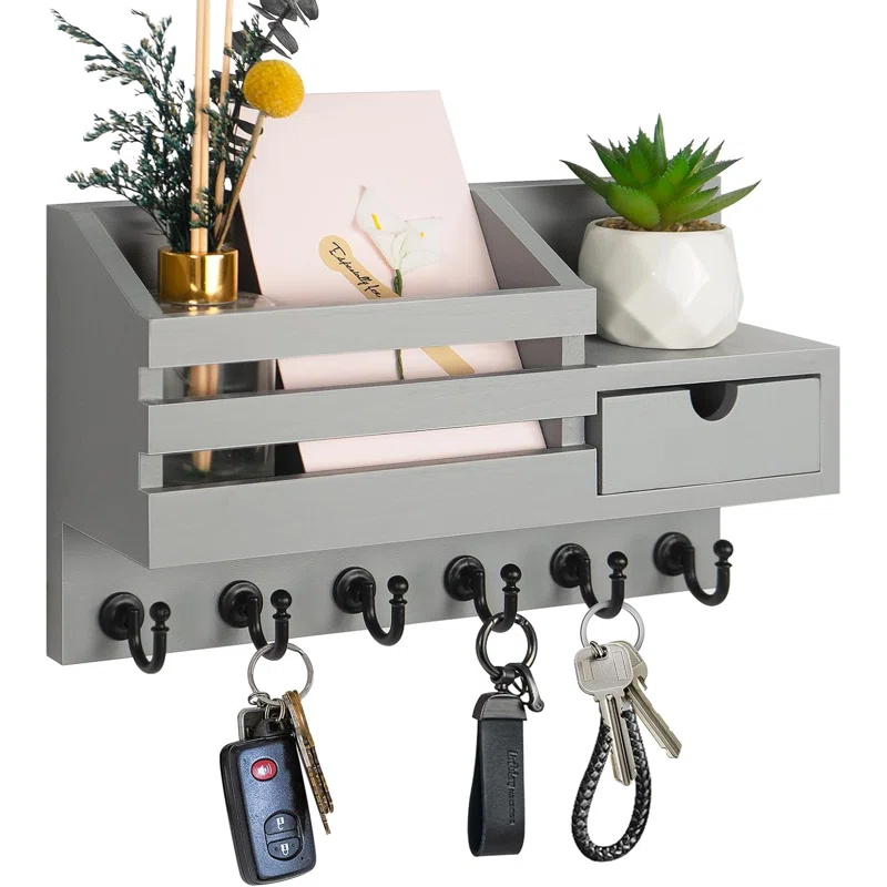 Winston Porter Wall Mount Key And Mail Organizer With 6 Hooks, Storage Drawer, Easy Installation For Entryway, Hallway, Home Decor