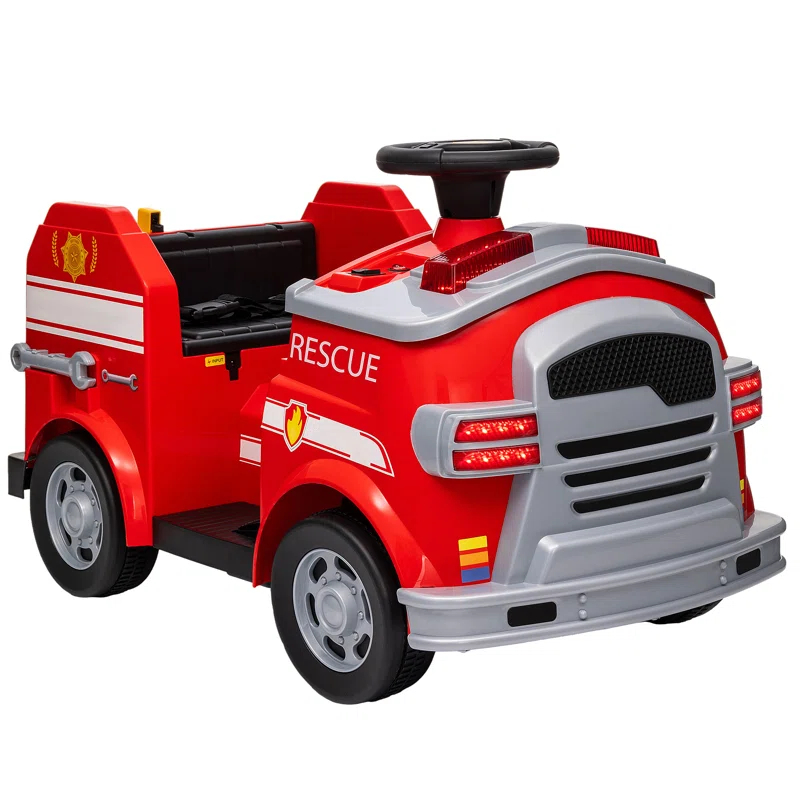 Qaba Qaba 12V Ride on Fire Truck with Siren, Lights, Soft Start, Horn Music, Red