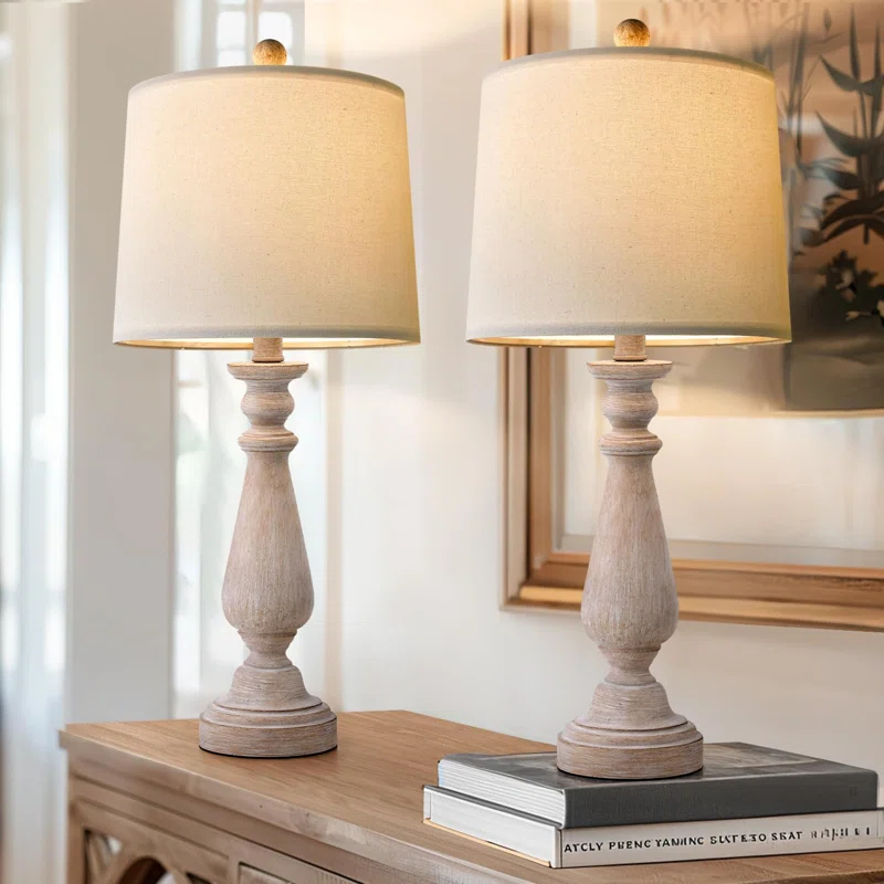 24.5" Mid Century Table Lamp Set Of 2 For Living Room Farmhouse Linen Bedside Lamps For Bedroom Kids Room Dorm Office Rustic Lamps For End Table Nigntstand Resin