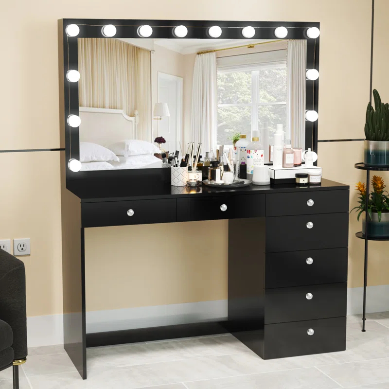 Boahaus LLC Boahaus Joan Large Modern Makeup Vanity Table with Big Mirror, 7 Drawers and Power Outlet