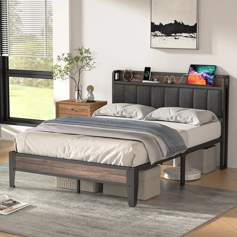 Ebern Designs Upholstered Bed Frame with Charging Station and Storage Headboard