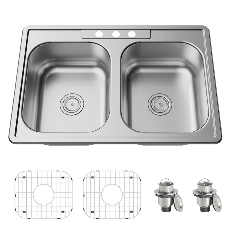 KDK HOME KH-3322T+Grid KDK HOME 33" x 22" Drop In Kitchen Sink 50/50 Double Bowl Sink with Bottom Grid & Basket Strainer