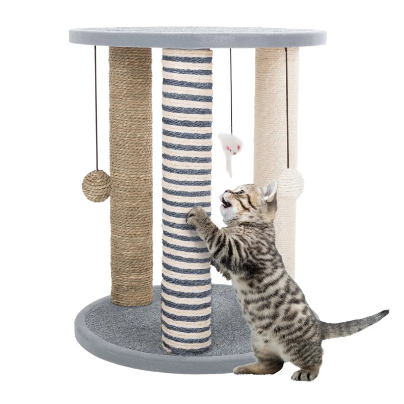 Cat Scratching Post - 3 Scratcher Posts with Carpeted Scratch Pad Base and Perch - Furniture Scratching Deterrent for Indoor Cats by PETMAKER