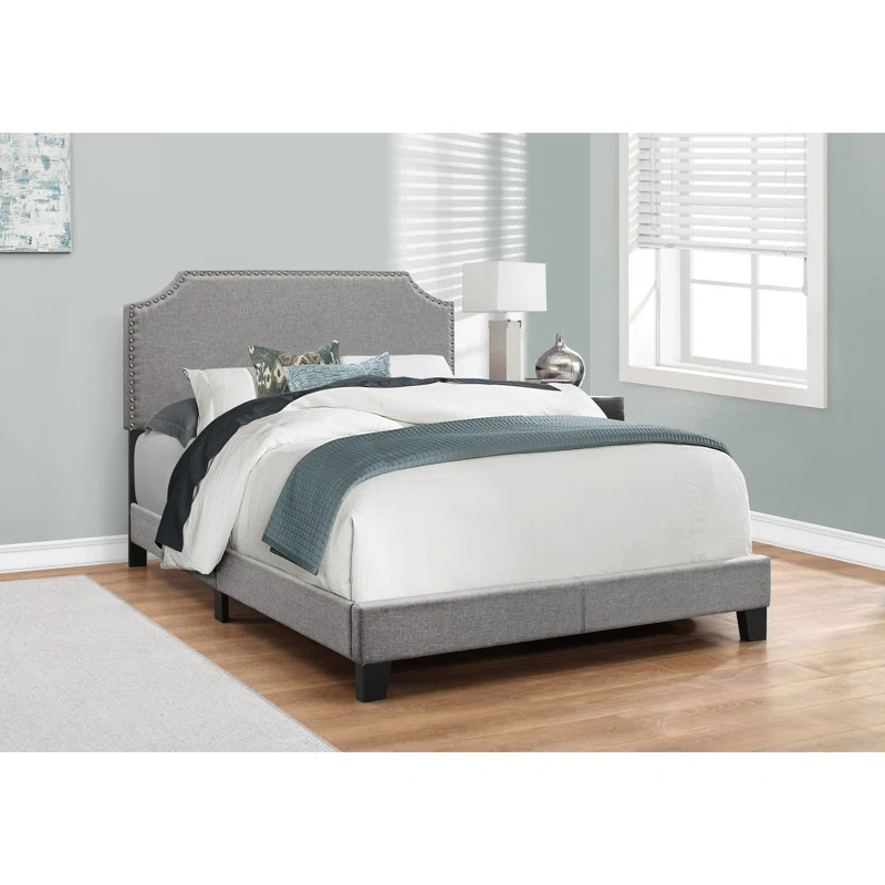 Winston Porter Bed, Bedroom, Upholstered, Grey Linen Look, Chrome Trim, Transitional