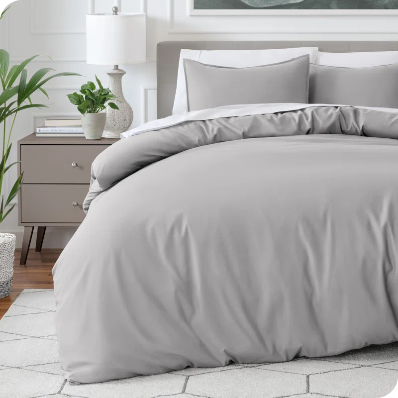 King/Cal King Light Grey Double Brushed Duvet Cover Set by Bare Home