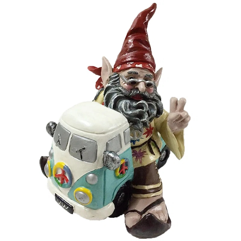 HomeStyles Nowaday Gnome Hippie Jerry "Peace Man" on VW Bus Garden Statue